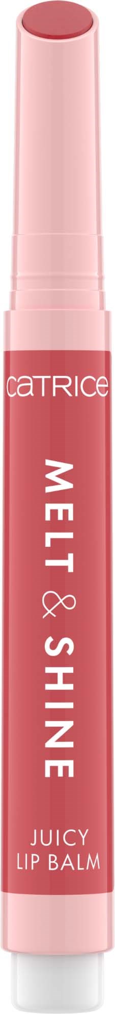 En rosa läppbalsamtub med vit och mörkare rosa text, märkt 'Catrice,' 'Melt & Shine' och 'Juicy Lip Balm.'