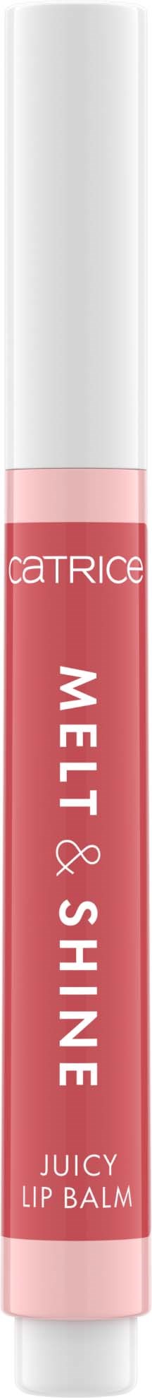 Ett rosa och vitt läppbalsamstick med etiketten "Catrice Melt & Shine Juicy Lip Balm."