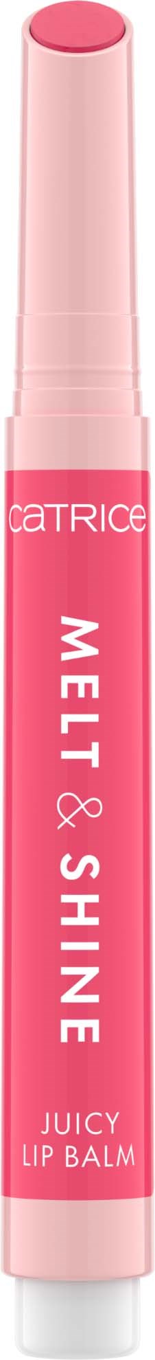 En rosa läppbalsam i tube märkt 'Catrice Mel & Shine Juicy Lip Balm'.