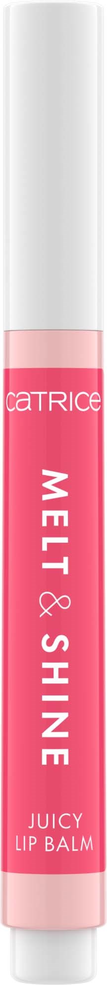 En rosa och vit läppbalsamtub märkt "Catrice Melt & Shine Juicy Lip Balm."
