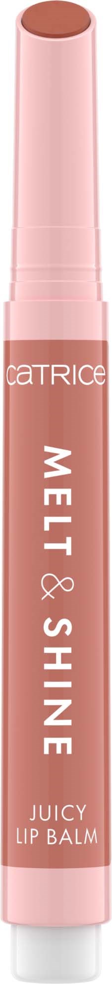 En rosa lip balmrör med vit text som säger "Catrice Mel & Shine Juicy Lip Balm".