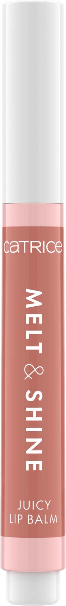 Läppbalsam i stiftform med rosa etikett, vit kork, märkt "Mel & Shine Juicy Lip Balm".