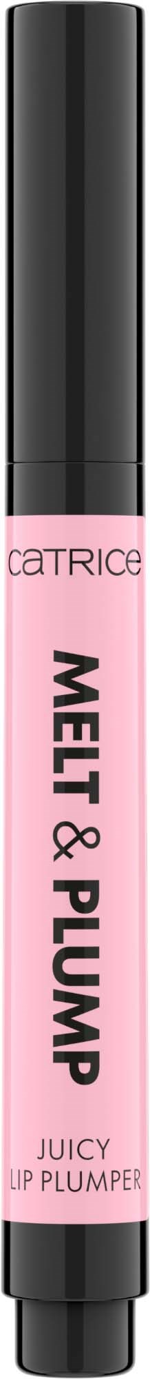 Rosa Lippenpflegestift mit schwarzem Deckel, beschriftet mit 'Melty & Plump Juicy Lip Plumper'.