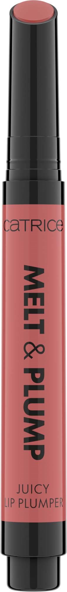 Ein rosa Lippenvergrößerungsstift mit schwarzem Deckel, beschriftet 'Melit & Plump Juicy Lip Plumper'.