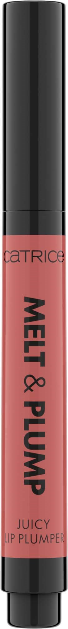 Ein Lippenaufpolsterer mit schwarzem Deckel und rosa Körper, beschriftet Melting & Plump Juicy Lip Plumper.