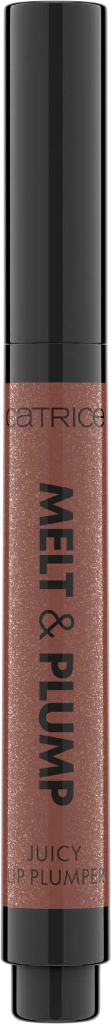 Ein Lipgloss-Rolle mit schwarzem Deckel, rosa-braune Farbe und der Aufschrift "Melting & Plumping".