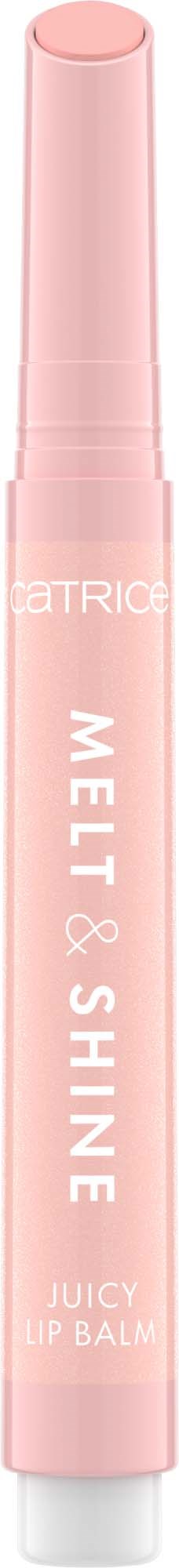 A pink lip balm stick with white text, labeled 'Melty & Shine Juicy Lip Balm'.