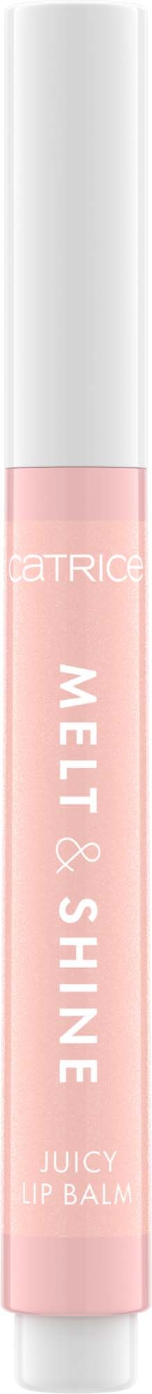 A pink tube labeled 'Melt & Shine Juicy Lip Balm' stands upright, with a white cap on top.