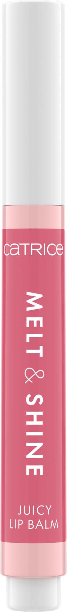 En rosa och vit läppbalsamrör märkt 'Catrice Melt & Shine Juicy Lip Balm.'