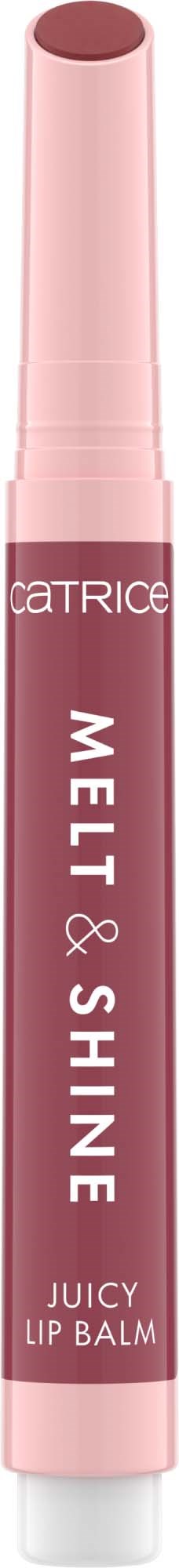 A pink and burgundy lip balm stick labeled 'Catrice' and 'Mel & Shine' with 'Juicy Lip Balm' written on it.
