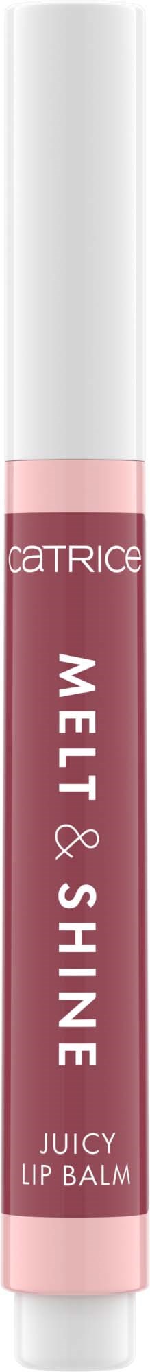 A lip balm stick with pink label and white cap, branded CATRICE, called Mel & Shine Juicy Lip Balm.