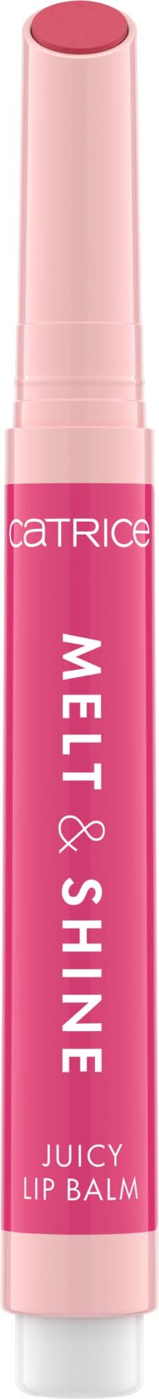A pink lip balm stick with white text, labeled 'Catrice Mel & Shine Juicy Lip Balm.'