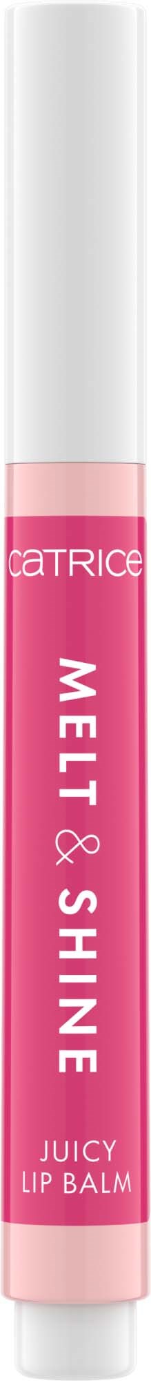 Pink and white lip balm tube with the words "Catrice MELT & SHINE Juicy Lip Balm" written on it.
