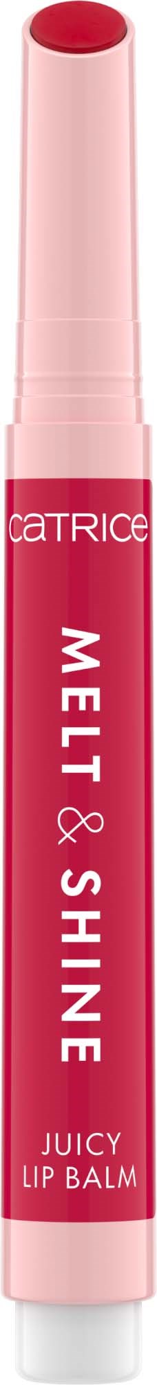 A pink lip balm stick labeled 'Catrice MELT & SHINE Juicy Lip Balm' standing upright.