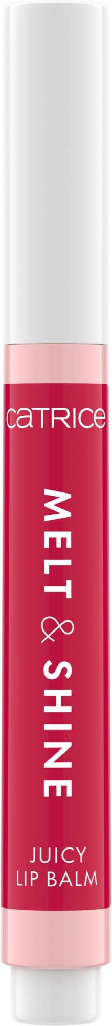 A pink and white lip balm tube with words: Catrice, Melt & Shine, Juicy Lip Balm.