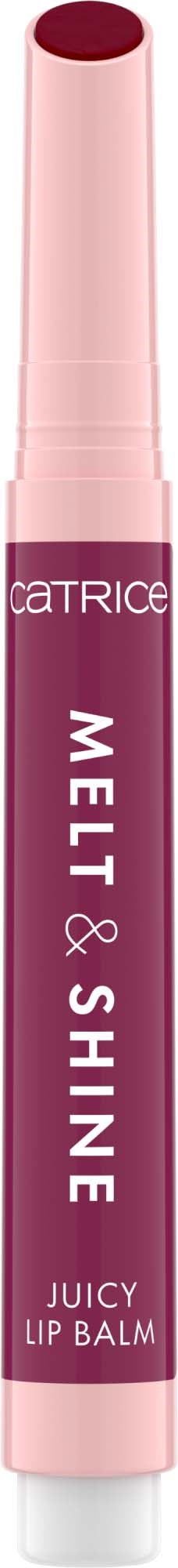 Een roze lippenbalsem met witte en donkerroze tekst, gelabeld als een sappige lippenbalsem van Catrice.