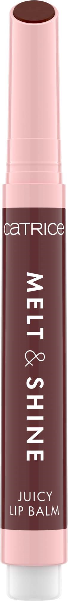 A pink and dark brown lip balm stick labeled 'Catrice Mel & Shine Juicy Lip Balm.'