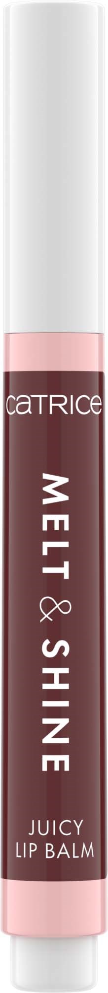 Lip balm in a white tube with pink label, named CATRICE Mel & Shine Juicy Lip Balm.