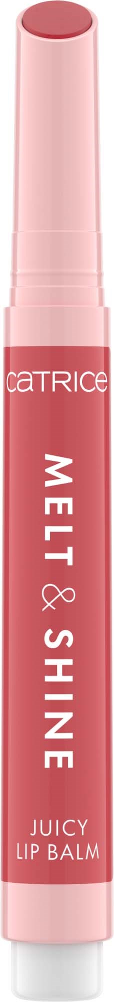 Een roze lippenbalsem-stift met de merken Catrice en Melix Shine, gemarkeerd Juicy Lip Balm.