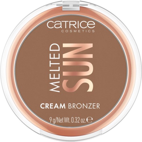 Bronzertablett med brun nyans, märkt 'Catrice METESED SUN CREAM BRONZER' med vitt och rosa text.