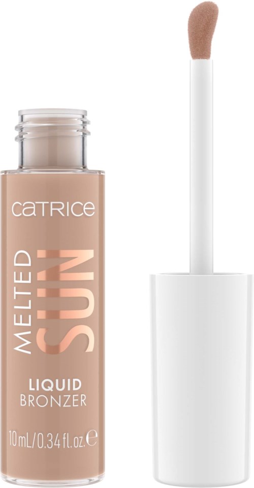 A bottle of liquid bronzer with a wand applicator, labeled 'Melted Sun' by Catrice.