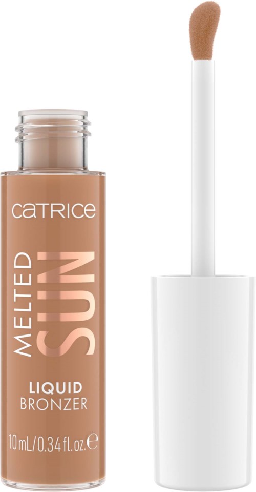 A liquid bronzer bottle with a white cap and a wand applicator. The label reads 'Catrice Melted Sun Liquid Bronzer'.