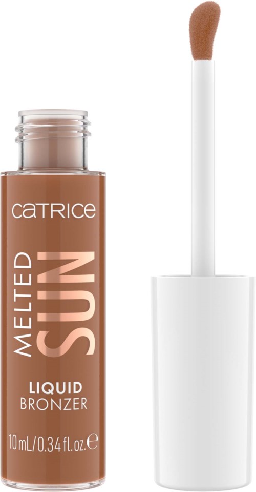 A small bottle of liquid bronzer with a wand applicator and a white cap.