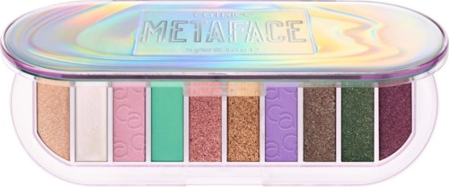 En färgglad makeuppalett med olika nyanser, inklusive rosa, grönt, brunt och lila, i en oval ask.