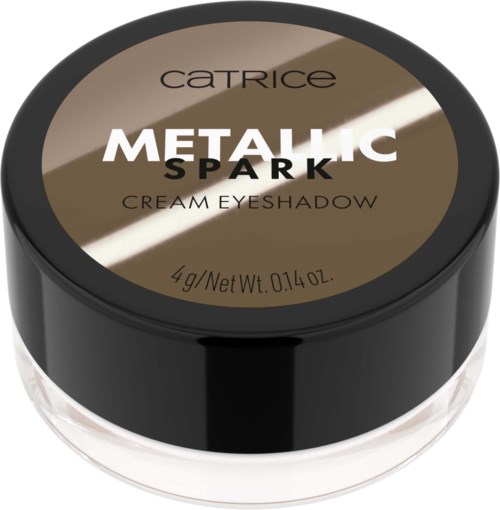 A small round container of metallic spark cream eyeshadow with black lid and gold-colored label.
