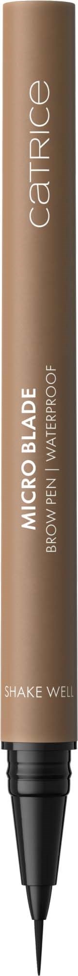 A beige makeup pencil with a black tip and white text, labeled as Catrice Micro Blade Brow Pencil.