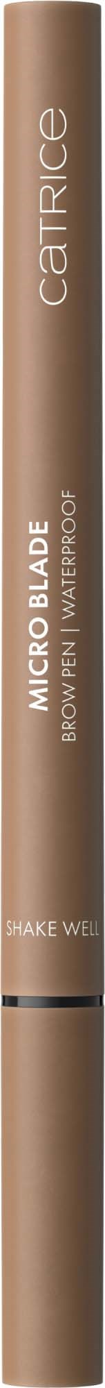 A beige cylindrical makeup product labeled 'Catrice Micro Blade' with instructions to shake well.