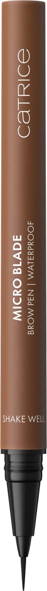 A brown eyeliner pencil labeled 'Catrice Micro Blade' with a pen tip, used for makeup.