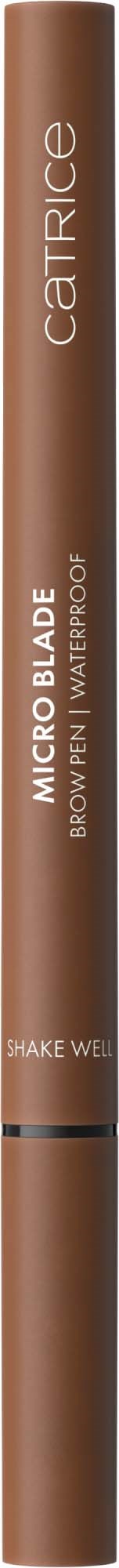 A brown eyebrow pencil with silver text and black tip. The brand is Catrice, and it is called Micro Blade.