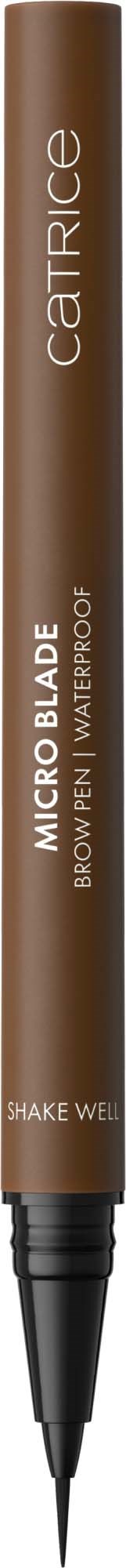 It is a brown eye makeup pencil from Catrice with gold text, labeled as Micro Blade Brow Pen.