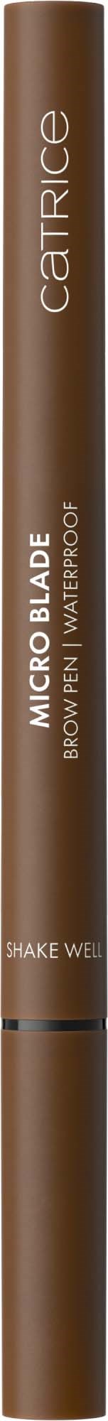 A brown cylindrical makeup pencil labeled "Catrice Micro Blade" with instructions to shake well.