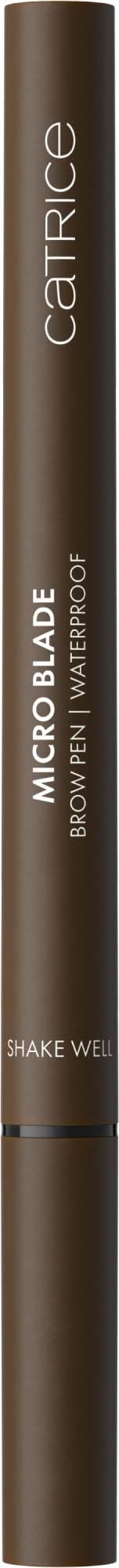 A brown makeup pencil labeled Catrice Micro Blade, designed for eyebrow shading, with instructions to shake well.