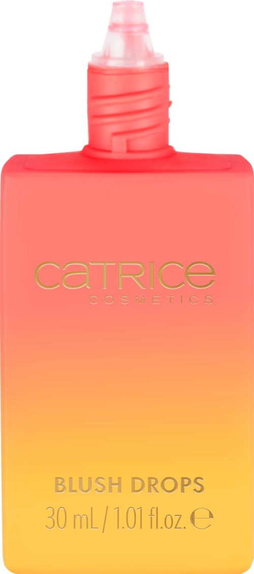 Een koraalroze en gele fles met Catrice Cosmetics blush drops, 30 mL, met draaidop.