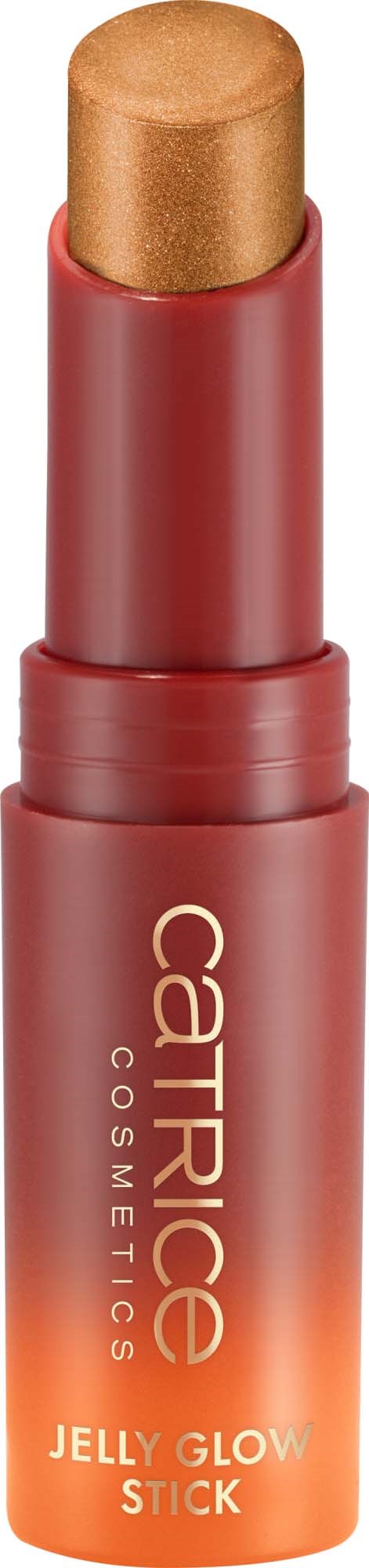 Ein roter Lippenstift mit goldfarbenem Balm im Inneren, Beschriftung 'Catrice Cosmetics Jelly Glow Stick'.