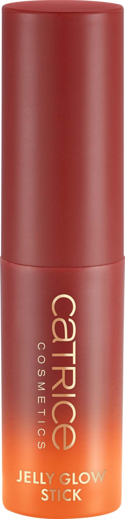 Ein roter Stick mit der Beschriftung Catherine Cosmetics Jelly Glow Stick mit einem Farbverlauf-Orange-Etikett am unteren Ende.