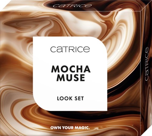 Catrice Mocha Muse -look setin pakkauksen marokkolevyinen kuvio ja valkoinen etiketti.