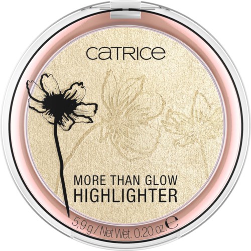 Ett kompakt highlighter med blomsterdesign, märkt "More Than Glow," i ett rosa och silverfodral.