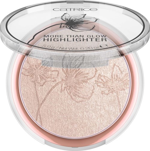 En rund kompakt makeup med ett blommönster på ett ljusfärgat highlighter inuti. Klart lock med varumärke och produktnamn.