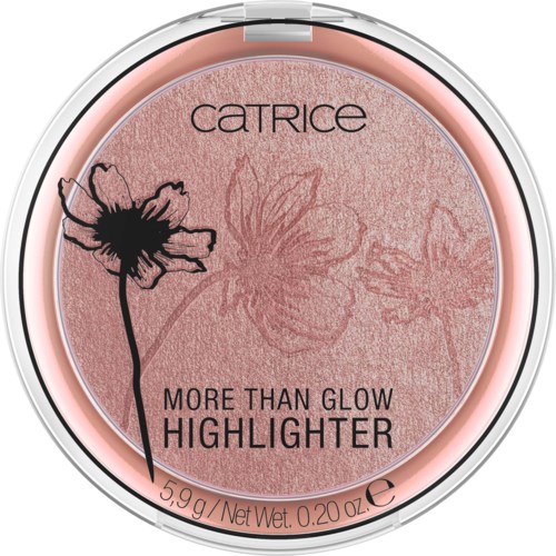 Rosa highlighter i en rund behållare med blom- och bimönster, märkt "More Than Glow".
