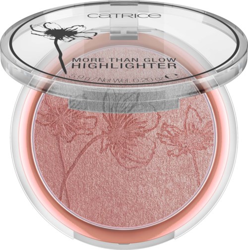 En rund sminkrouge med blomsterfärger i rosa, täckt av ett genomskinligt lock, märkt som highlighter av Catrice.