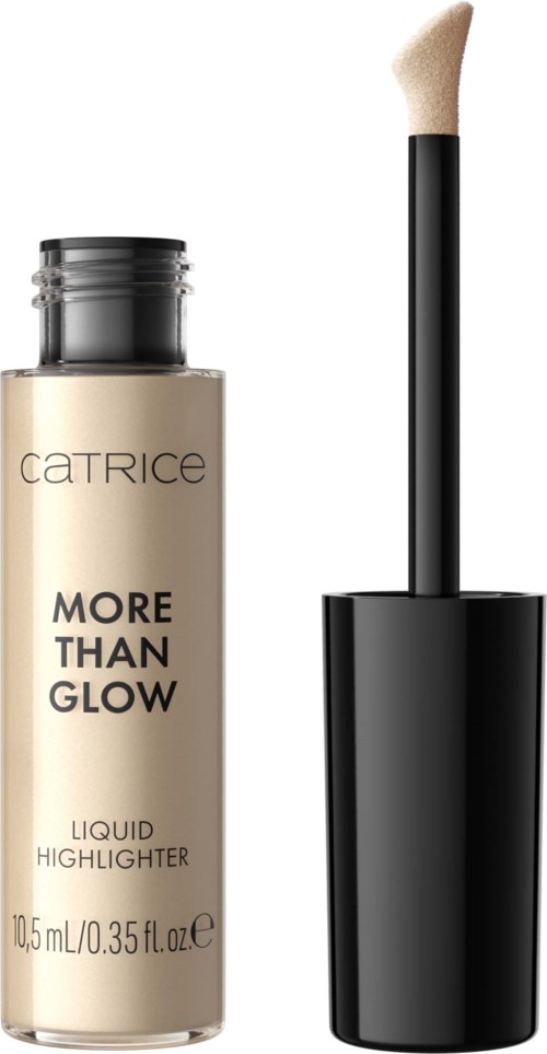 A liquid highlighter bottle with a black wand applicator, labeled 'Catrice More Than Glow', in beige color.
