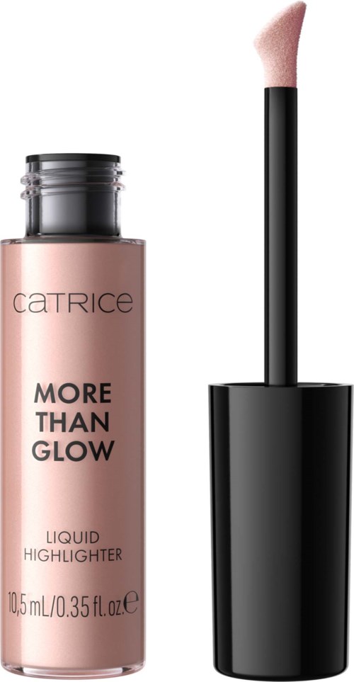 Roze vloeibare highlighterfles met zwarte dop en applicator van Catrice.