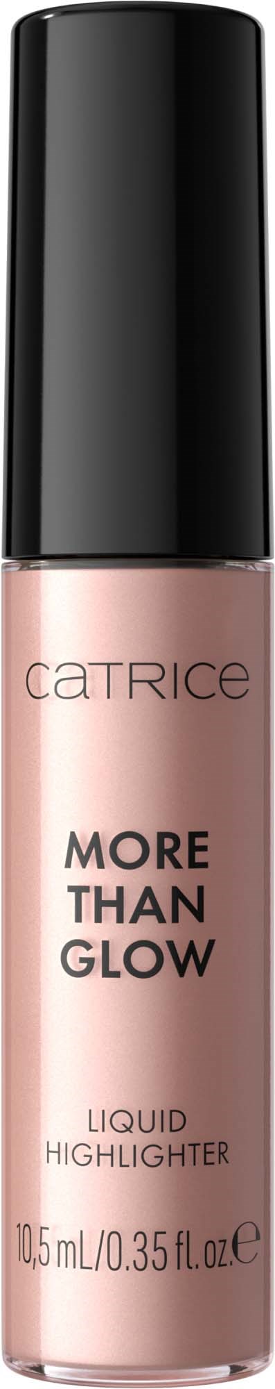 Een fles CATRICE 'More Than Glow' vloeibare highlighter met zwarte dop en beige vloeistof.