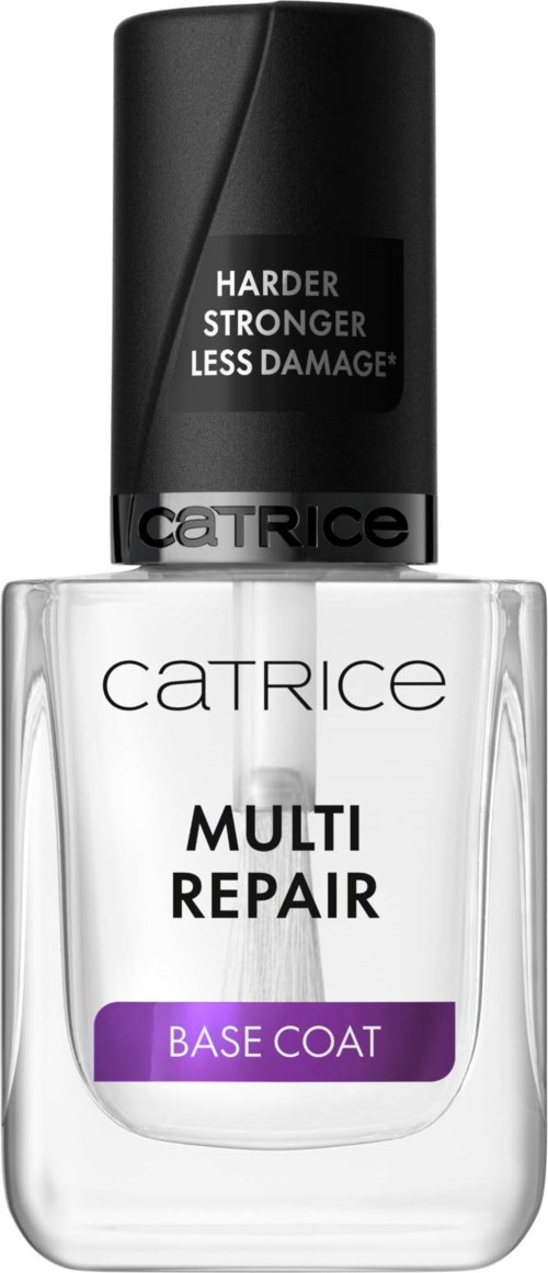 Flaska med Catrice Multi Repair Base Coat nagellack med svart lock och etikett.