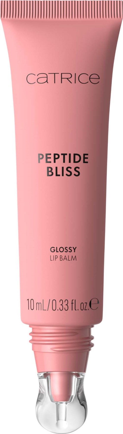 Pink tube of lip balm labeled Catrice Peptide Bliss Glossy Lip Balm, 10 ml.
