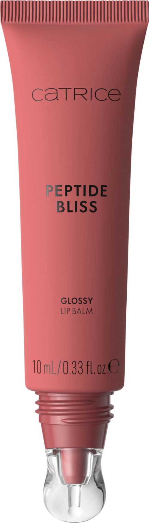 Roze tube met glanzende lippenbalsem genaamd Catrice Peptide Bliss. Eenvoudig ontwerp met zwarte en witte tekst.